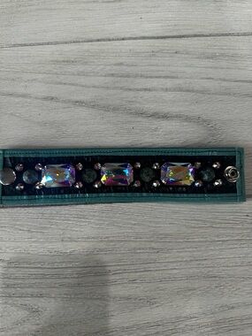 Teal Leather Bracelet with Iridescent Crystal Accents